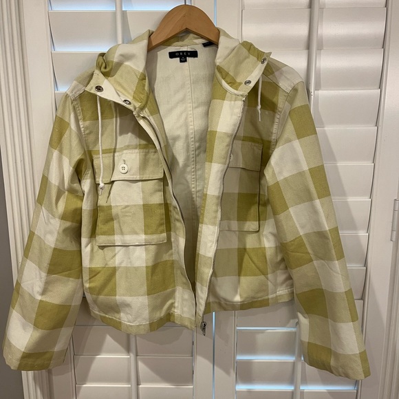 Obey checkered plaid green white jacket. Size M, great condition, slightly used. - Picture 2 of 5